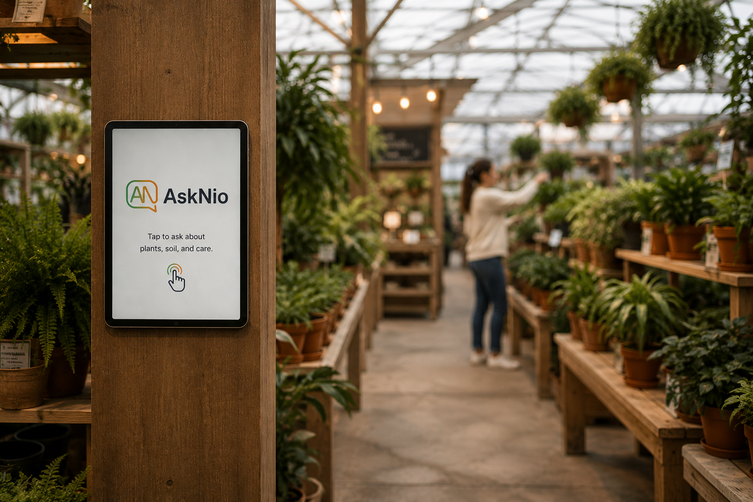 AskNio endcap kiosk mounted in a garden retail aisle