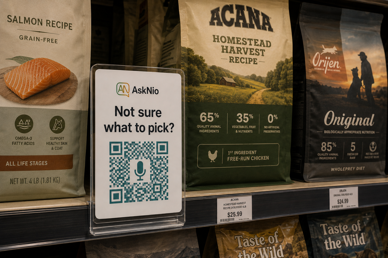 AskNio branded QR shelf-talker card placed next to products on a pet store shelf